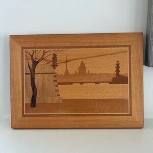 Vintage Russian Wooden Art Plaque St. Petersburg Leningrad Skyline